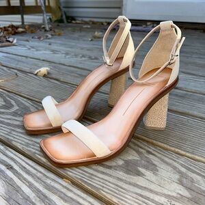 Dolce Vita Fionna Cream Multi Embossed Leather Ankle Strap Block Heeled Sandals